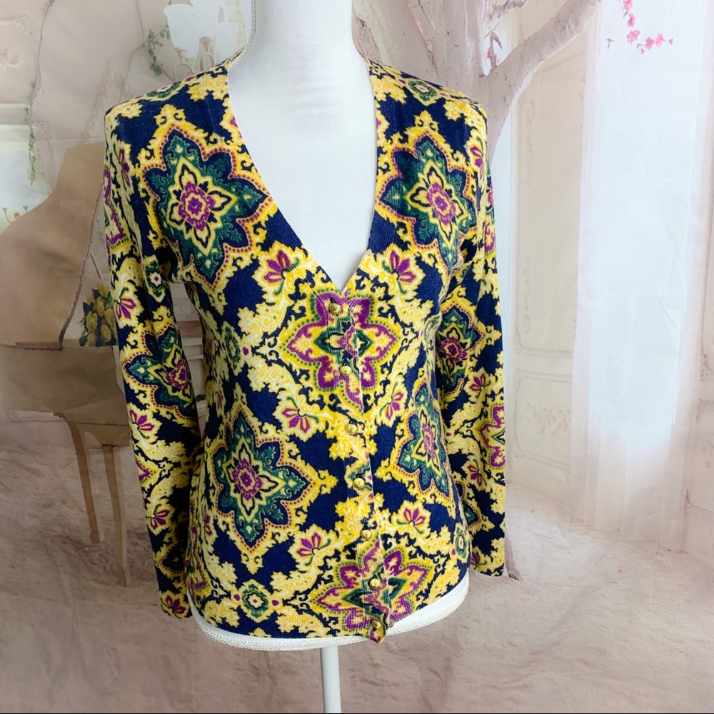 Talbots Geometric Gold Button Cardigan